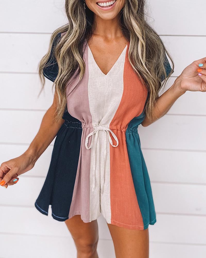 

Colorblock V-Neck Short Sleeve Zipper Back Self Belted Romper, Multicolor