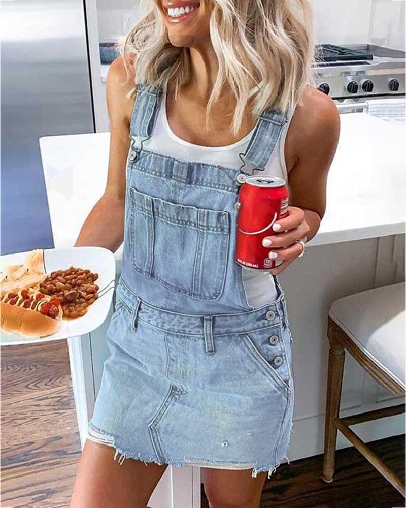 

Denim Buttoned Pockets Suspender Dress, Blue