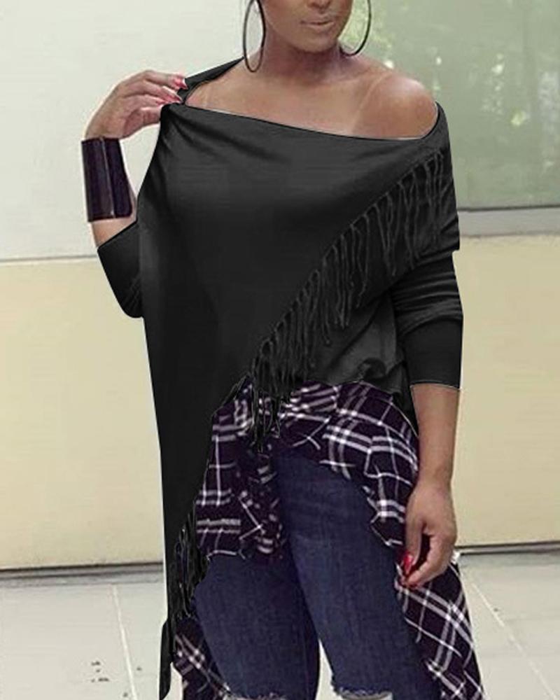 

Plus Size Tassel Trim Asymmetrical Hem Long Sleeve Top, Black