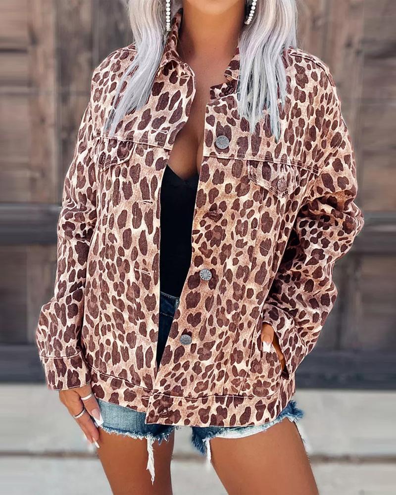 

Leopard Print Long Sleeve Button Front Shacket, Brown