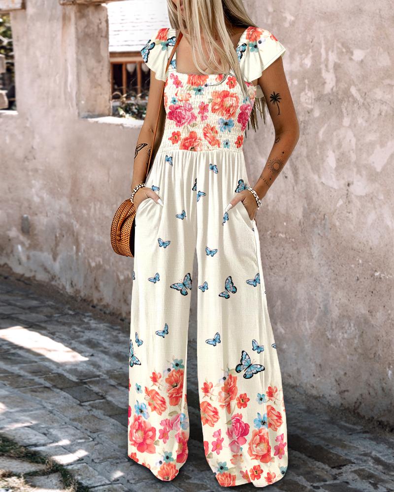 

Floral Print Ruffles Strap Shirred Jumpsuit Casual Pockets Design Romper, Multicolor