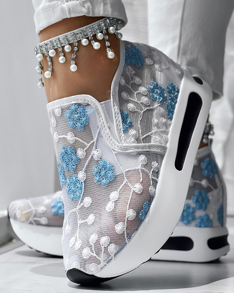 

Floral Embroidery Sheer Mesh Sneakers, Blue&white