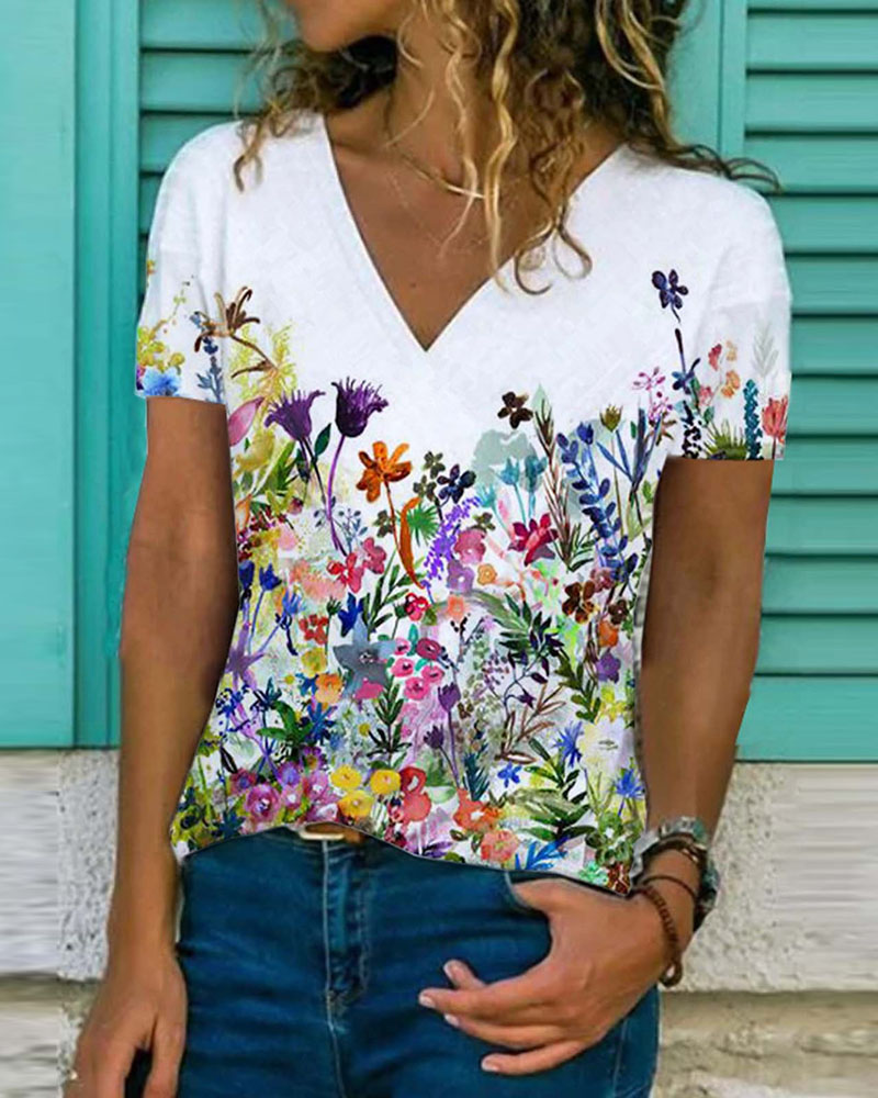 

Floral Print V-Neck Short Sleeve Casual T-shirt, White