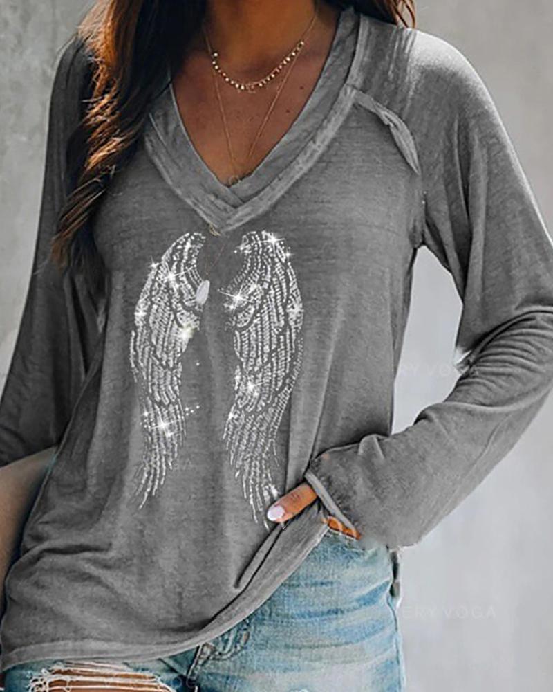 

Rhinestone Wing Pattern Long Sleeve Top, Gray