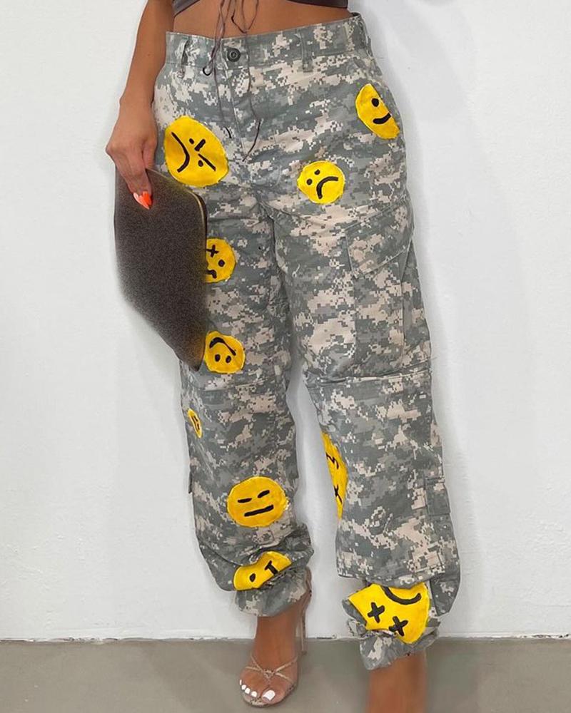 

Camouflage Print Face Patch High Waist Casual Pants, Yellow