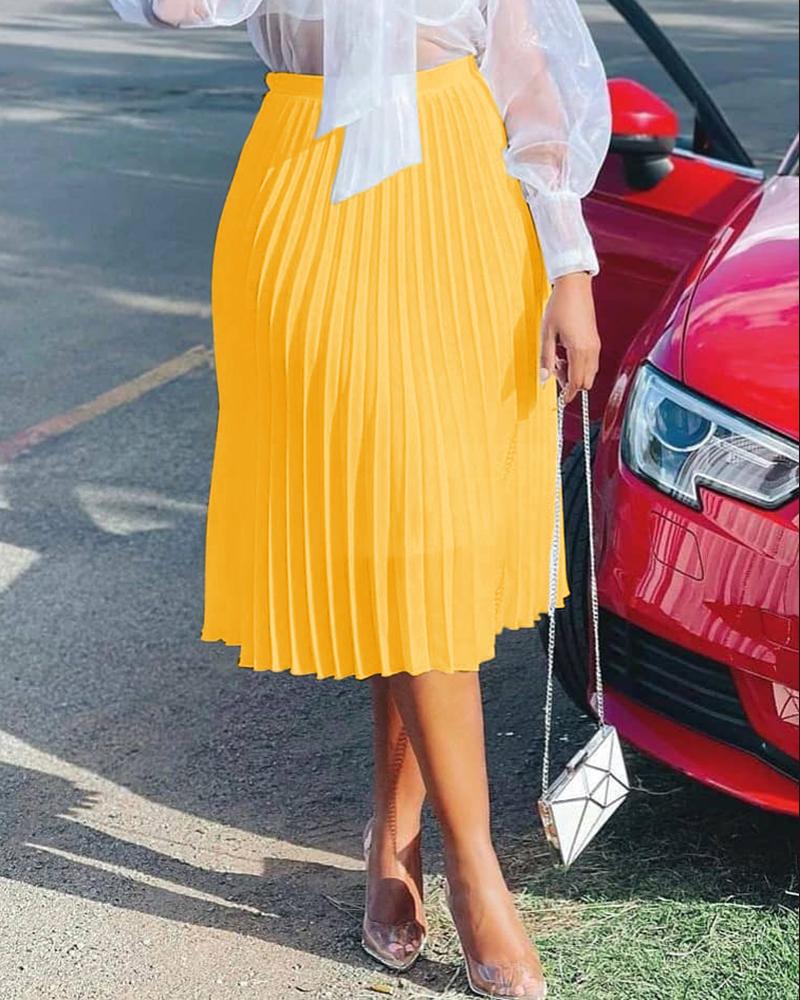

High Waist Casual Pleated Skirt, Yellow