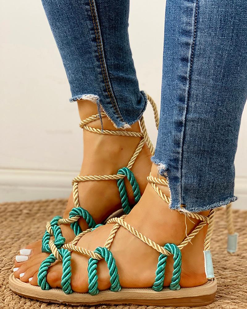 

Rope Design Lace-Up Knotted Flat Sandals, Green