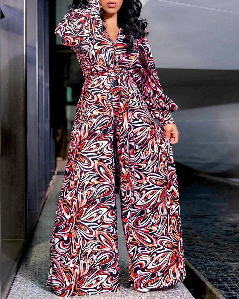 

Plus SizeAll Over Print Wide Leg Belted Jumpsuit, Orange