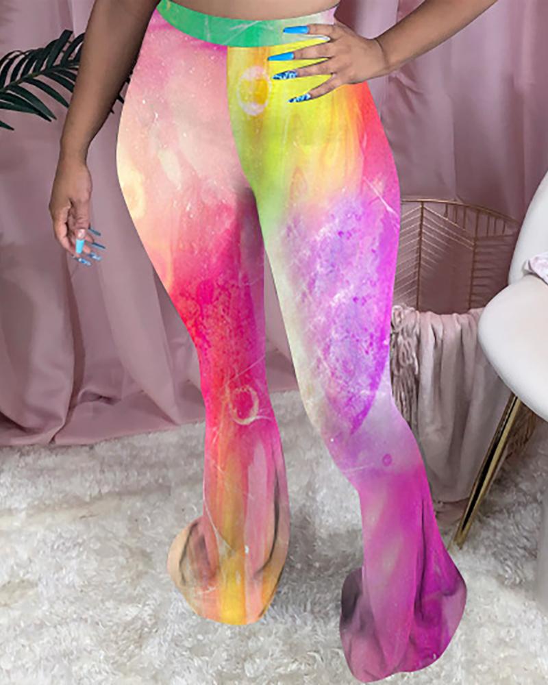 

Tie Dye Print Colorblock High Waist Bootcut Pants, Pink
