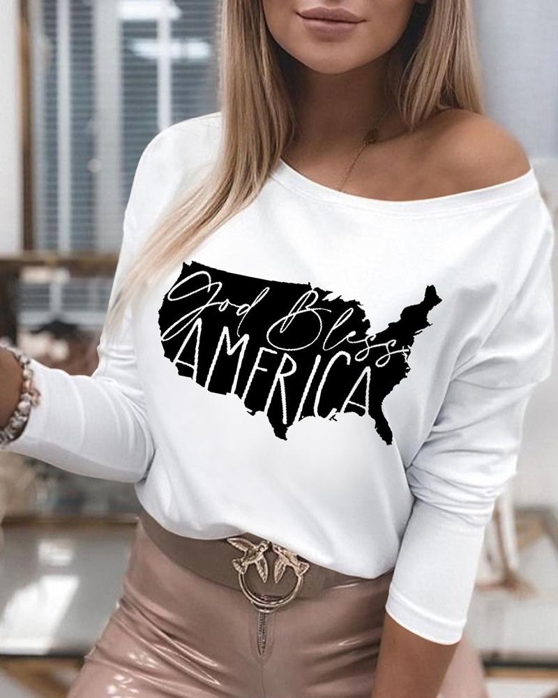 

Letter Print Colorblock O-neck Top, White