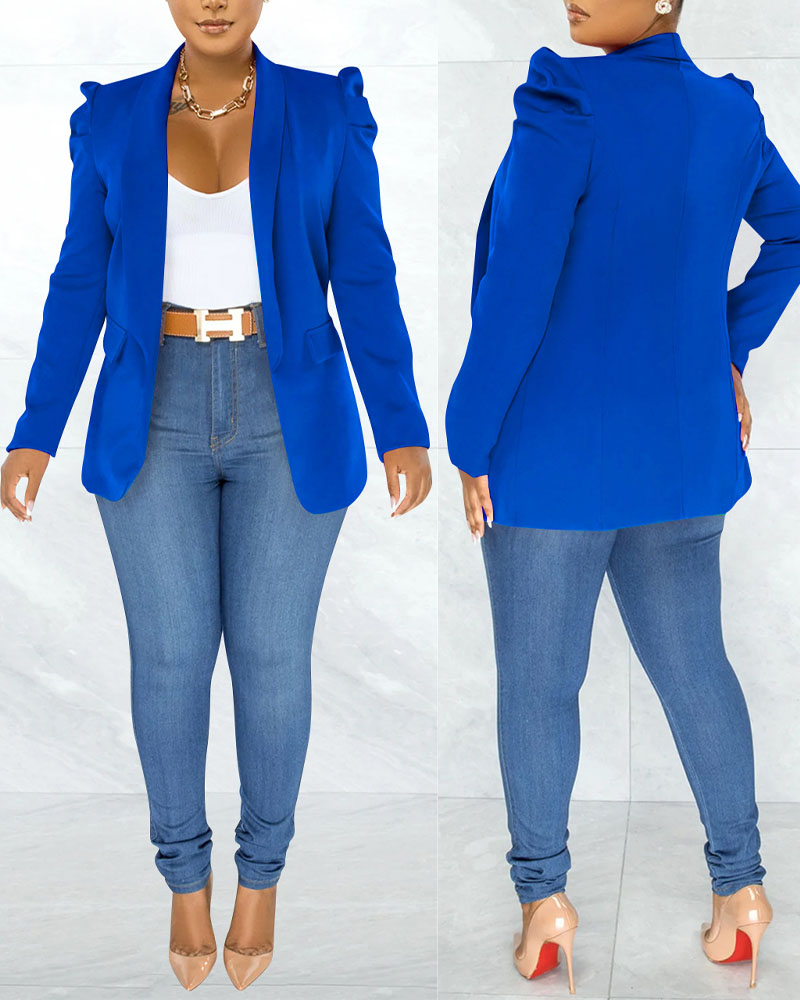 

Puff Sleeve Shawl Collar Blazer, Blue