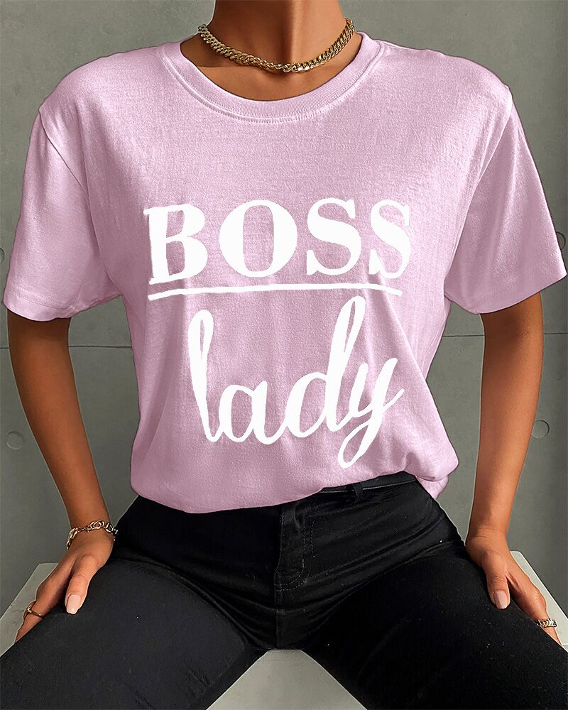 

Letter Print Short Sleeve Casual T-shirt, Pink