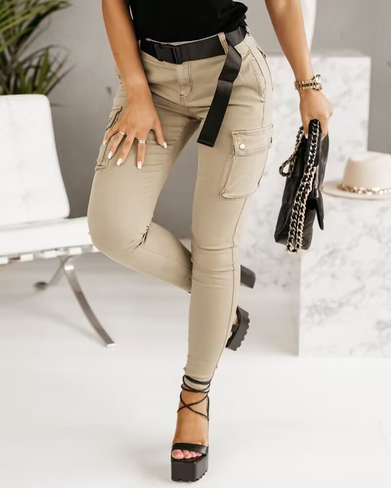 

Plain Pocket Design Skinny Pants, Khaki