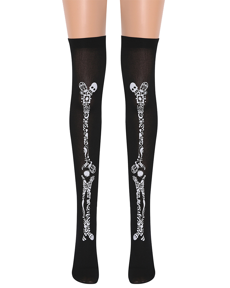 

Halloween Skeleton Skull Print Costume Stockings, Black