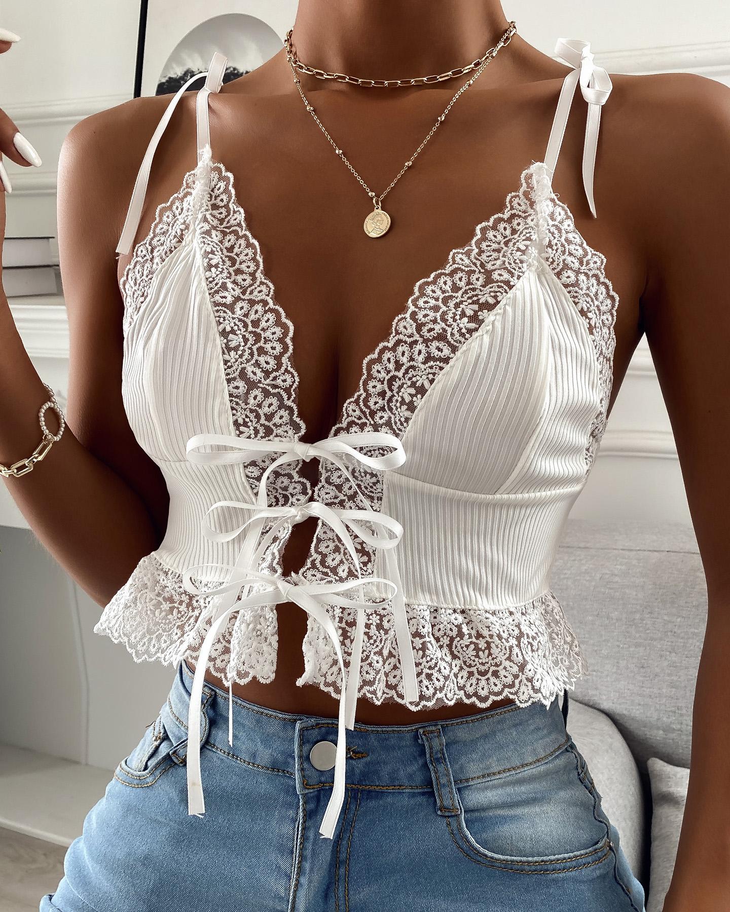 

Plain Lace Hem Tied Cami Top, White