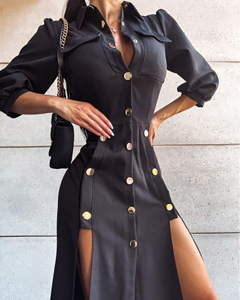 

Button Design Puff Lantern Sleeve Slit Shirt Dress, Black
