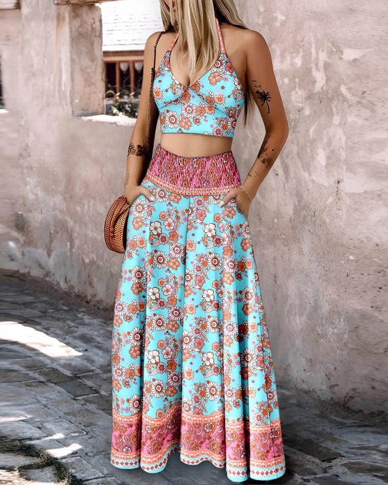 

Ensemble 2 pièces imprimé floral, débardeur court à col en V et jupe longue froncée décontractée avec poches, Turquoise blue