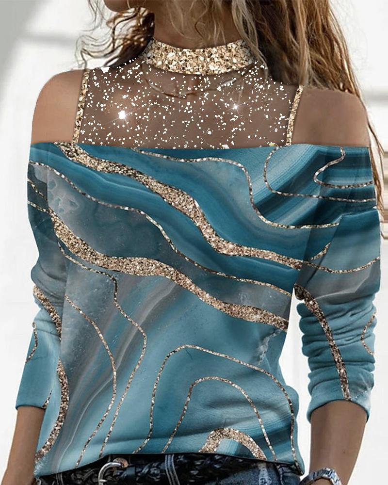 

Marble Print Contrast Mesh Cold Shoulder Top, Blue