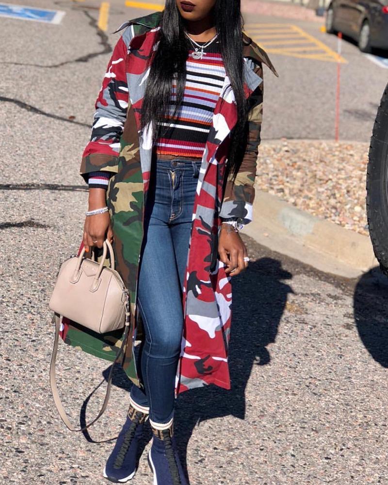 

Camouflage Print Long Sleeve Longline Coat, Red