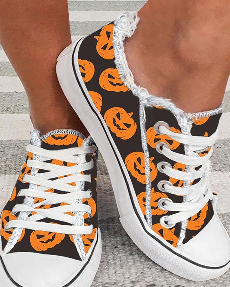 Halloween Pumpkin Print Fringe Hem Canvas Shoes