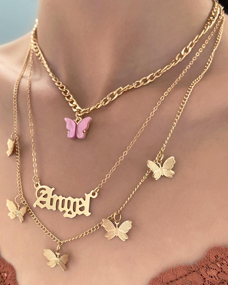

3PCS/Set Butterfly Angel Letter Pendant Necklaces, Purple