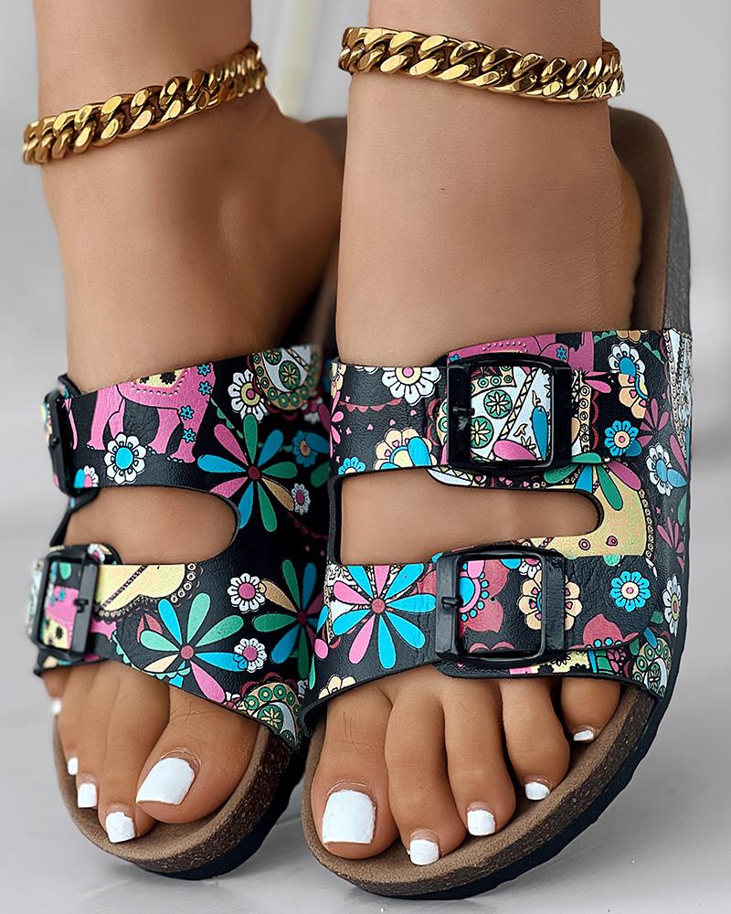

Cartoon Floral Print Buckled Slippers Beach Sandals, Black