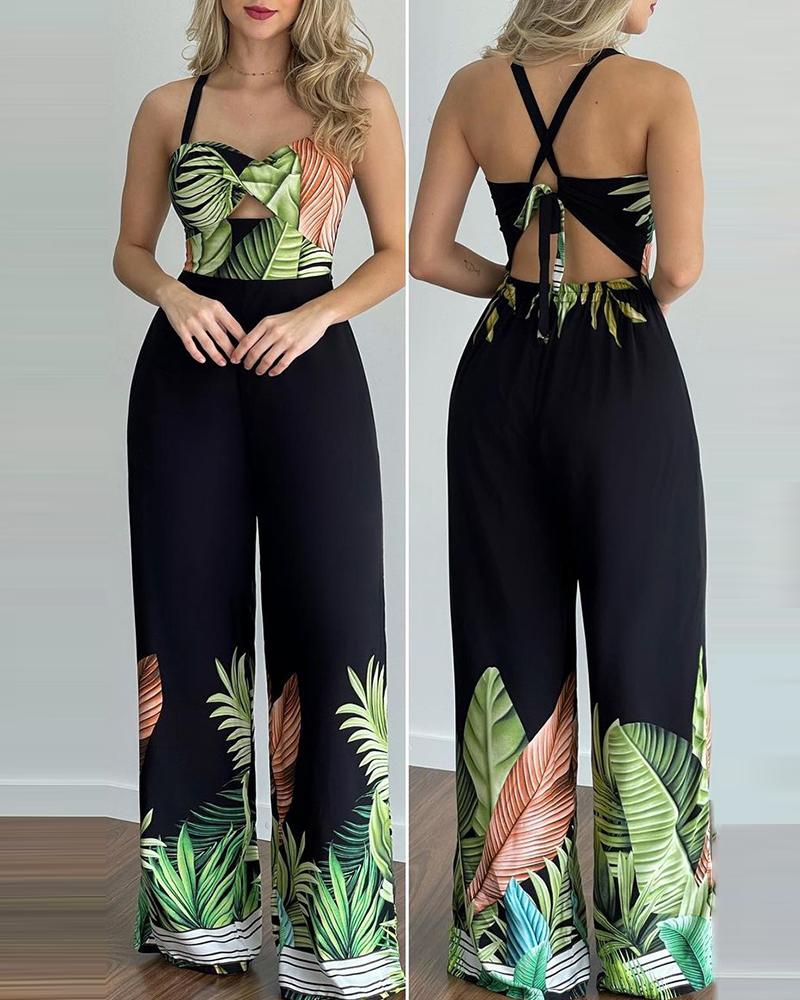 

Tropical Print Halter V Neck Jumpsuit, Green