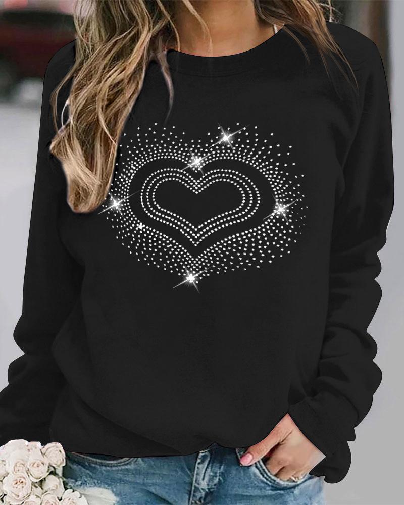 

Rhinestone Heart Pattern Long Sleeve Casual Top, Black