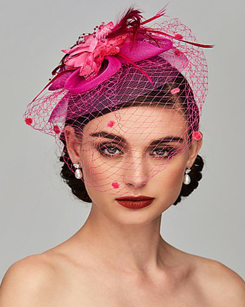 

Feather Fascinator Hat Flower Mesh Veil Hair Clip Hairpin Hats Bridal Wedding Cocktail Tea Party Headwear, Hot pink