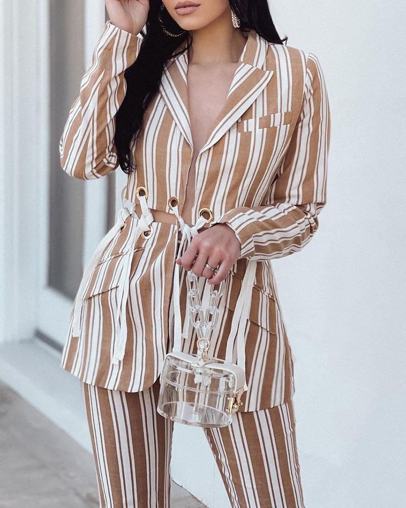 

Striped Eyelet Lace-up Cutout Blazer Coat, Brown