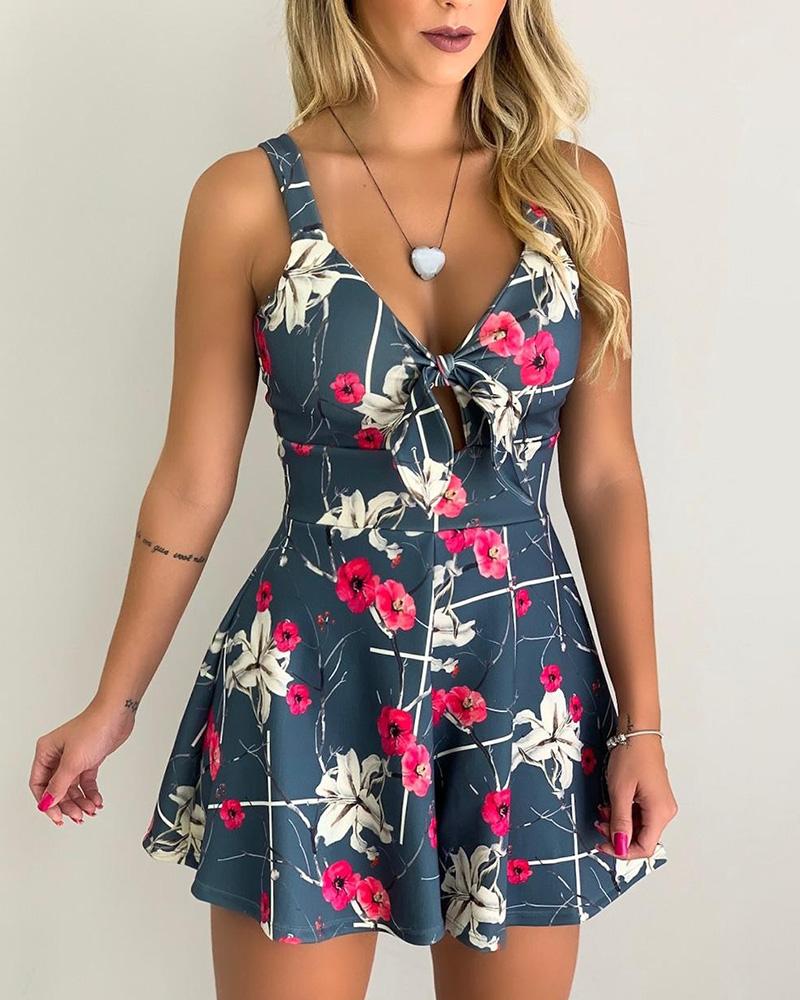 

Floral Print Knotted Sleeveless Romper, Gray