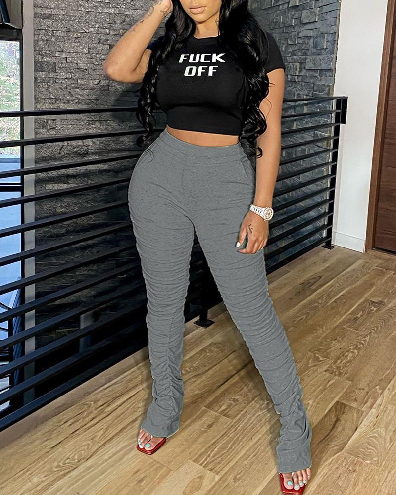 

Letter Print Short Sleeve Top & Pants Set, Gray