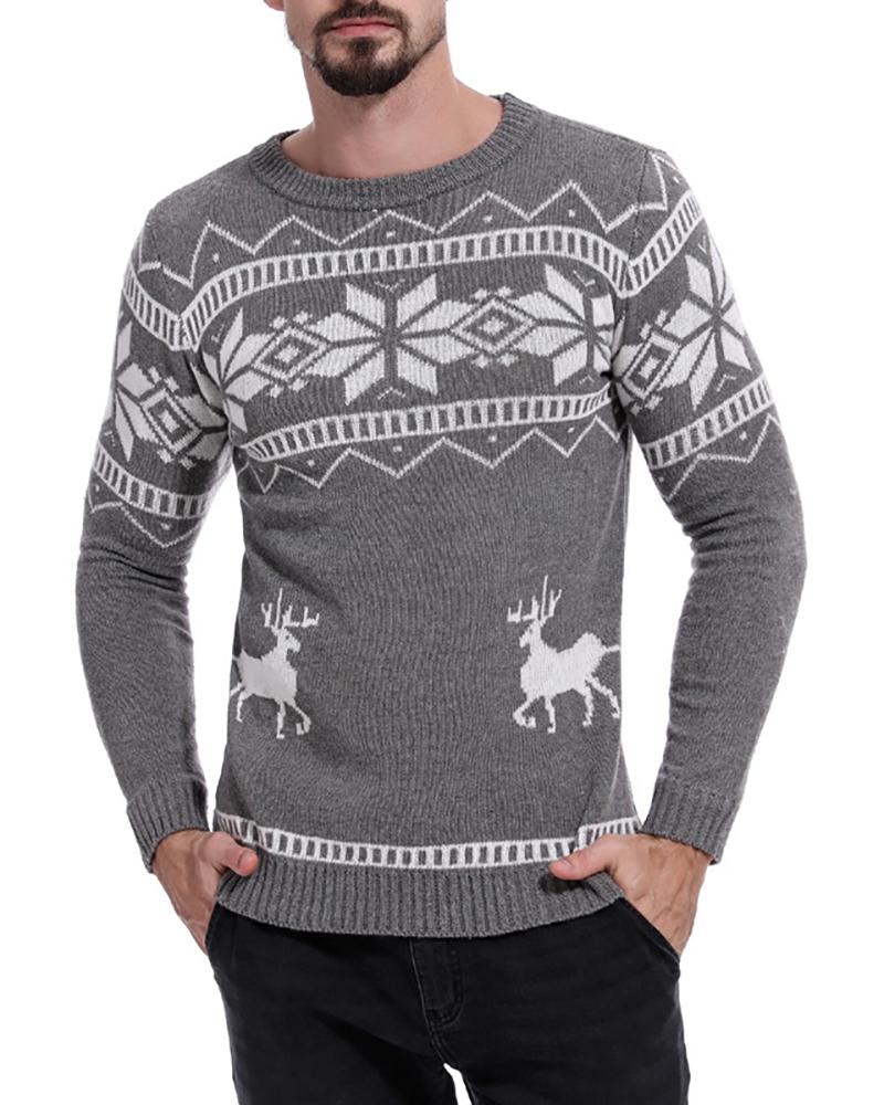 

Men Christmas Print Long Sleeve Sweater, Gray