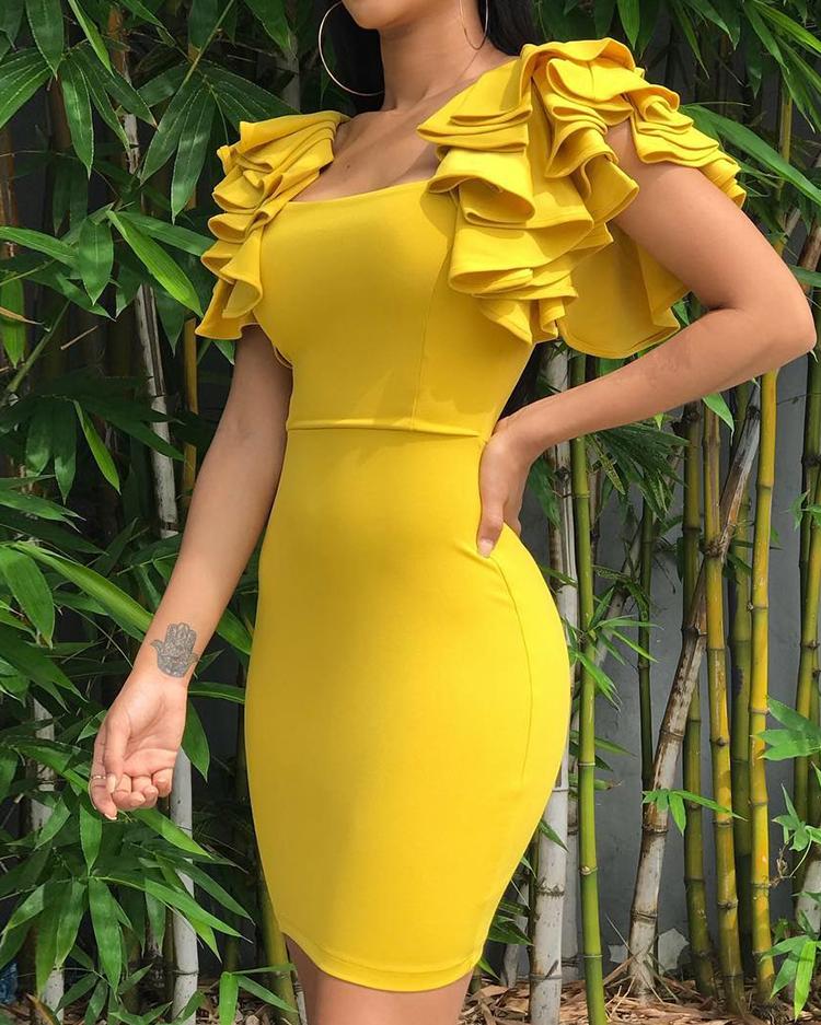 

Layered Ruffles Shoulder Bodycon Dress, Yellow