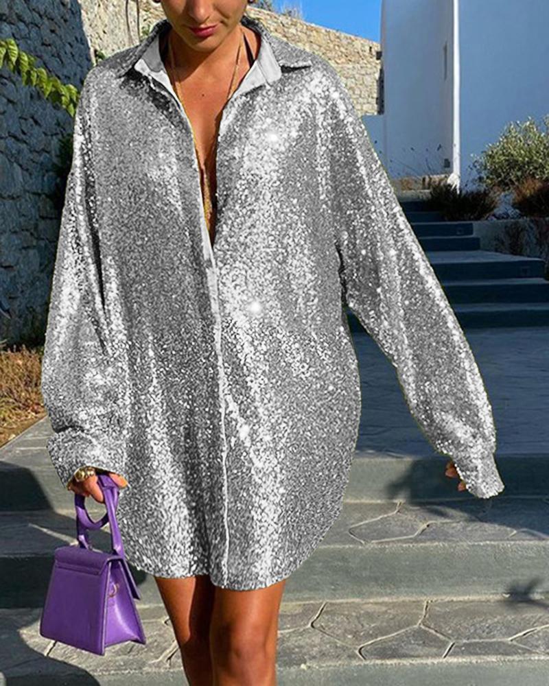 

Allover Sequin Turn-down Collar Long Sleeve Top, Silver