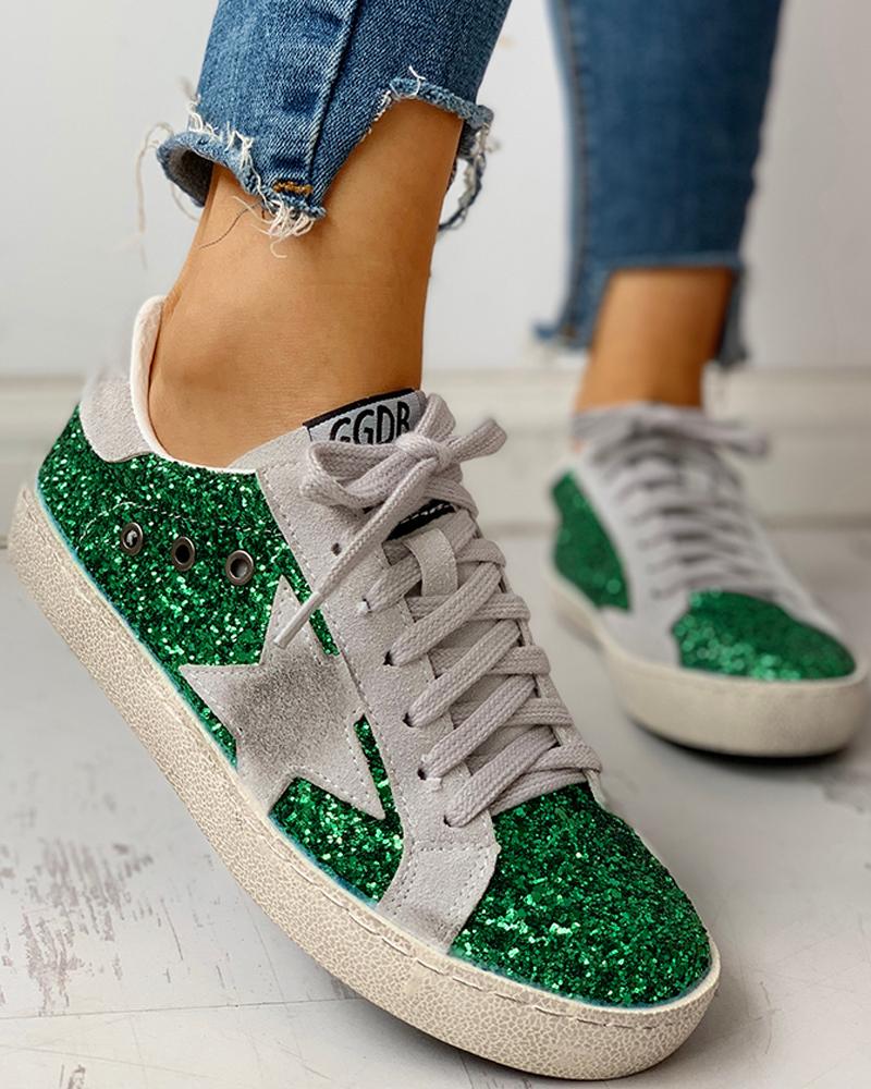 

Sequins Star Design Casual Lace-Up Sneakers, Green