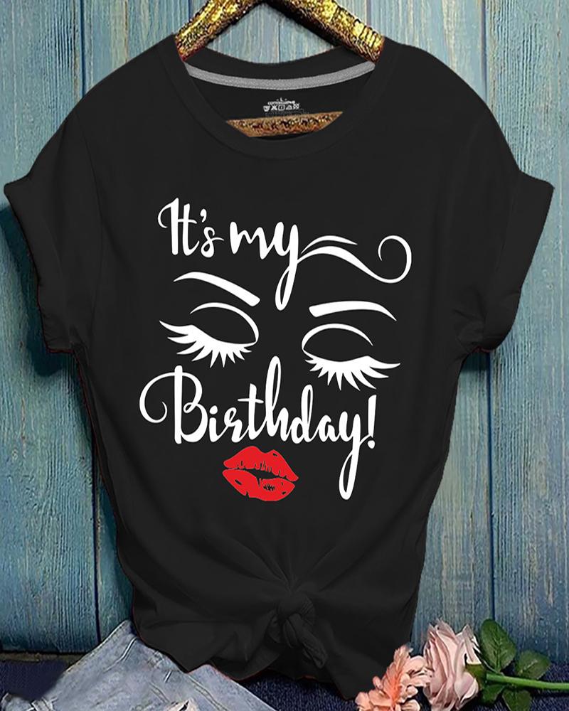 

Short Sleeve Letter Lip Print Casual T-shirt, Black