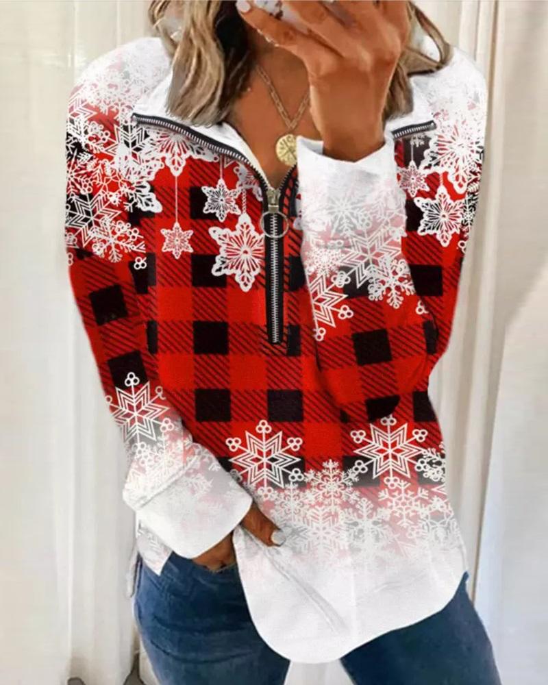 

Christmas Snowflake Plaid Print Zip Front Sweatshirt, Red