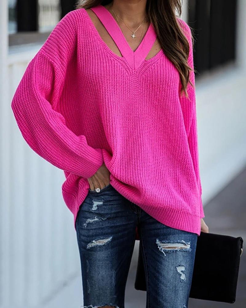 

Cutout V-Neck Drop Shoulder Sweater, Hot pink