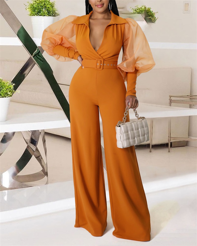 

Contrast Mesh Puff Sleeve Belted Jumpsuit, Orange