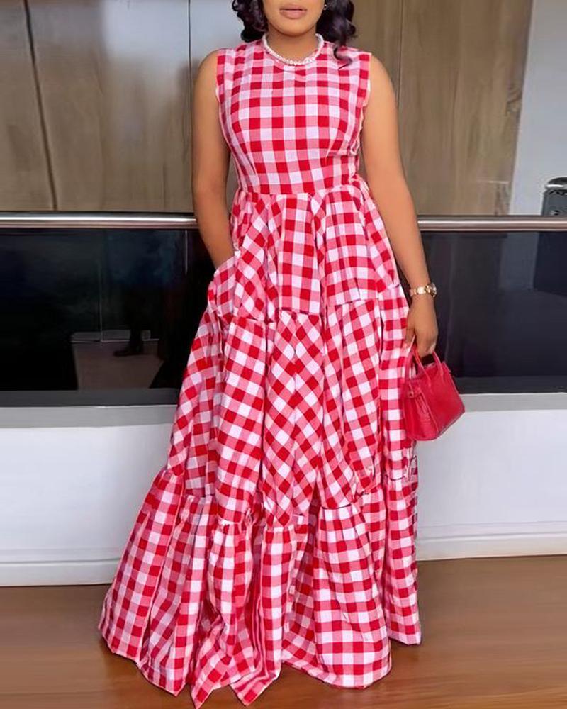 

Plaid Print Flared O-Neck Sleeveless Casual Dress, Red