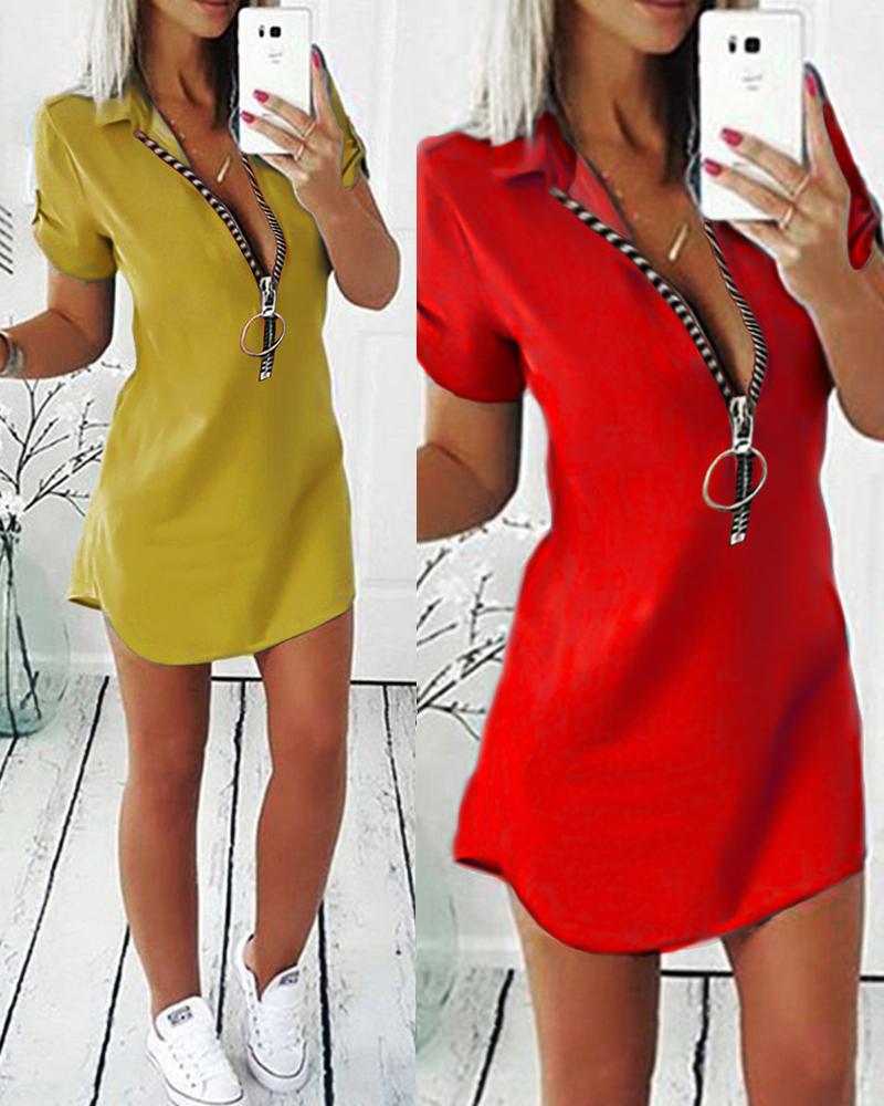 

Plain Short Sleeve Zipper Front Slim Bodycon Dress, Yellow