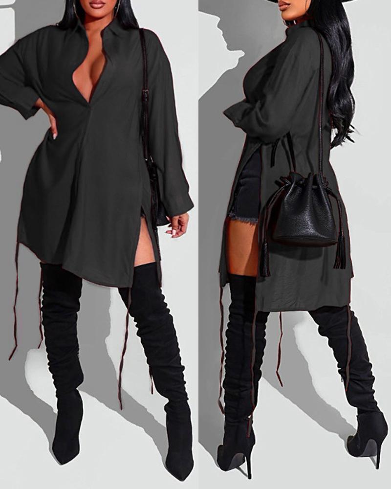 

Plus Size Split Hem Button Down Shirt Dress, Black