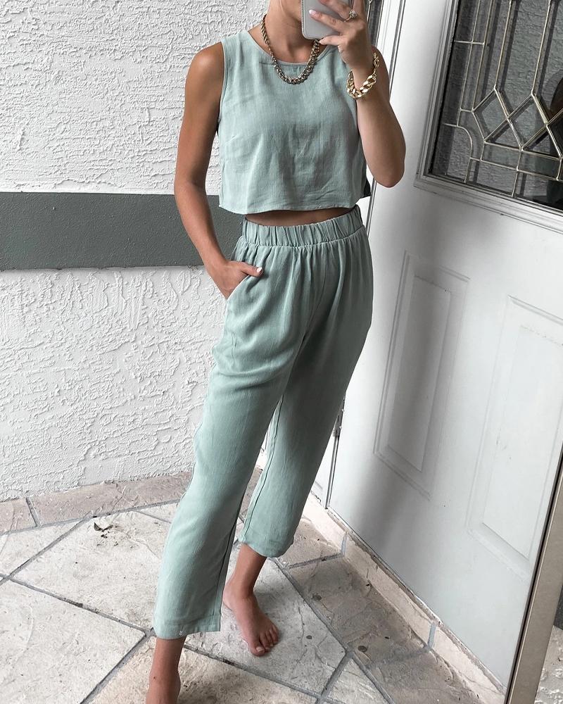 

Solid Sleeveless Tanks With Pants Suit Sets, Green
