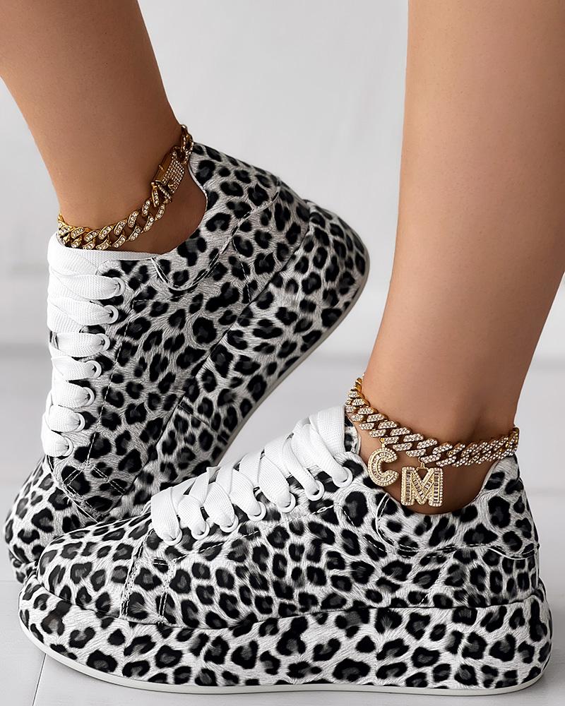 

Leopard Print Lace-up Casual Sneakers, White&leopard