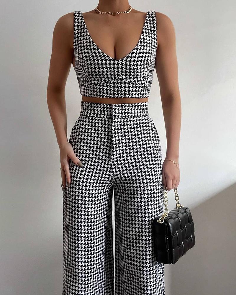 

Houndstooth Print Sling Cropped Top With Pants Commute Suit Sets, Black