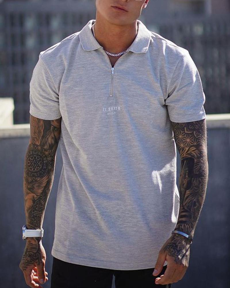 

Letter Print Short Sleeve Polo Shirt, Gray