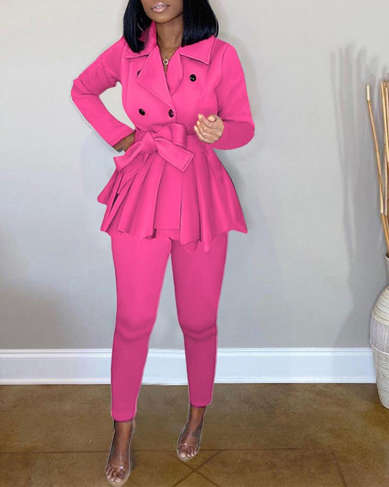 

Long Sleeve Double Breasted Belted Coat & Pants Set, Hot pink
