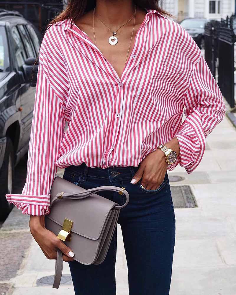 

Long Sleeve Striped Print Pocket Design Top, Pink