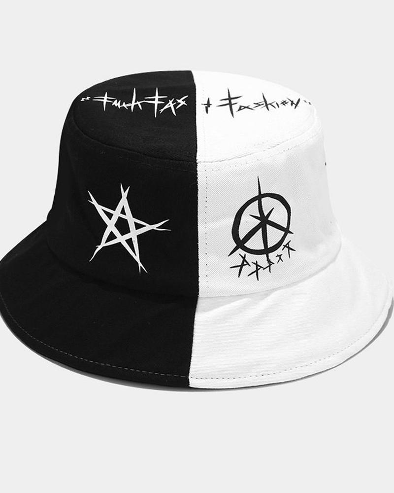 

Hip-hop Patchwork Creative Print Sun-protection Fisherman's Hat, Black&white